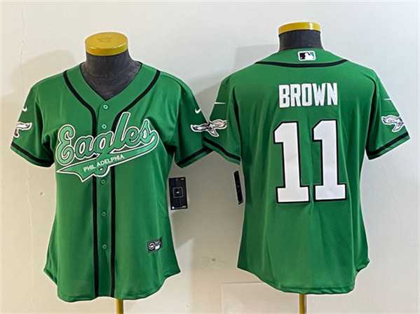Women%27s Philadelphia Eagles #11 A. J. Brown Green Cool Base Stitched Baseball Jersey(Run Small)->women nfl jersey->Women Jersey